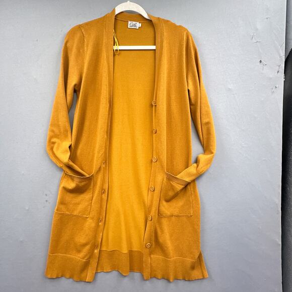 Cielo Long Cardigan Sweater M Mustard Yellow Academia School Tunic Layering Lght - Picture 1 of 15